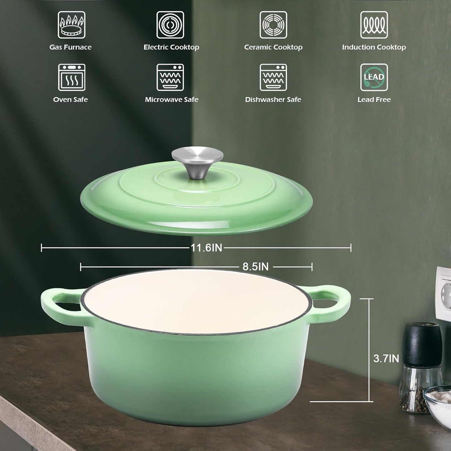 3QT Dutch Oven Pot with Lid, Leonyo 3 Quart Enameled Cast Iron Dutch Oven for Sourdough Bread Baking, Heavy Duty Cookware for Braising, Stews, Roasting, Pistachio Green