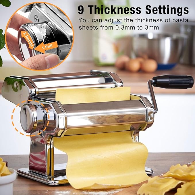 Pasta Maker Machine, AITRAI Noodle Maker Manual Pasta Machine with 9 Adjustable Thickness Settings, Stainless Steel Pasta Roller and Cutter for Pasta Spaghetti, Fettuccini, Lasagna