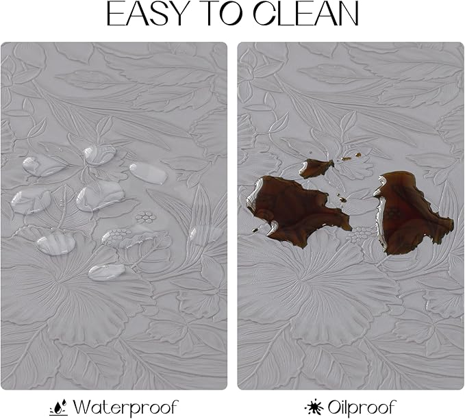 Romanstile Vinyl Placemats Set of 6-12 X 18 Inch - Heat Resistant Non-Slip Embossed Floral Place Mats 100% Waterproof Oilproof Wipeable Faux Leather Table Mats for Kitchen/Dining/Party, Grey