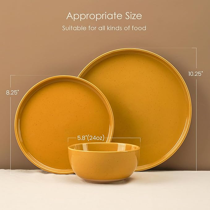 24 Pieces Farmhouse Stoneware Dinnerware Set for 8, Speckled Ceramic Plates and Bowls Set, Matte Terracotta Underside Ceramic Dish Set Scratch Resistant Microwave Dishwasher Safe (Ginger Gold)