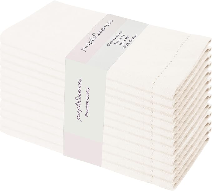 PurpleEssences Set of 12 Hemstitch Cloth Dinner Napkins 100% Cotton - Soft Durable Washable - Ideal for Wedding Christmas Holiday Winter - Perfect Everyday Use Table Linen 18x18 - Cream