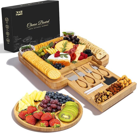 YZS Bamboo Charcuterie Boards Set -Unique Cheese Board with Accessories - Perfect for Housewarming, Weddings, Bridal Showers, Birthday Gifts, Mother's Day Gift, Parties, Eco-Friendly & Elegant Design