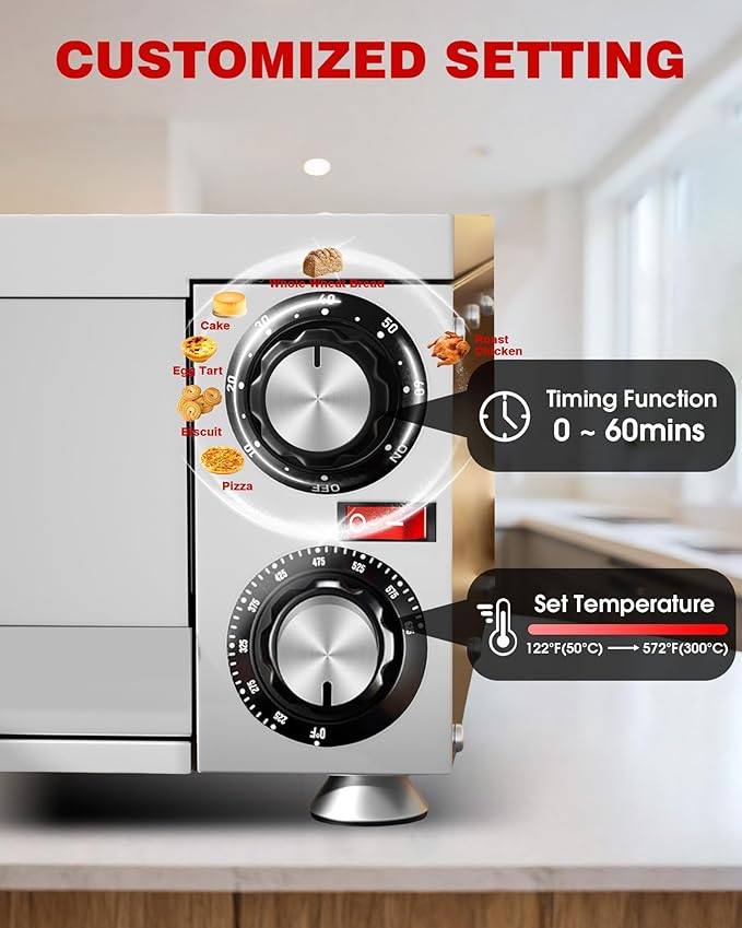 Wantjoin Pizza Oven Indoor - Electric Pizza Ovens Countertop Stainless Steel Commercial Pizza Maker Fits 12" Pizzas, With Timer Crumb Tray, 110W, For Home, Bars, Food Trucks