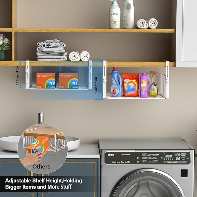 2Pack Under Shelf Basket Organizer,Adjustable Hanging Holder Storage for Cabinet Pantry Kitchen Cupboard Desk Counter Bookshelf Organization Add-on Space Saver Heavy Duty Slide-in,White