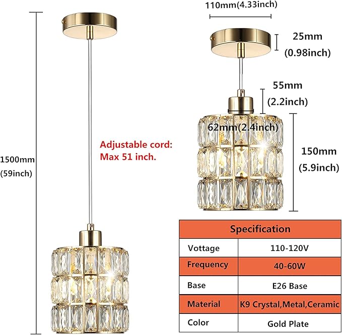 Gold Crystal Pendant Light, Pendant Lights Kitchen Island 3 Pack, Adjustable Modern Pendant Light, Hanging Light Fixtures for Dining Room Entryway Living Room Bar