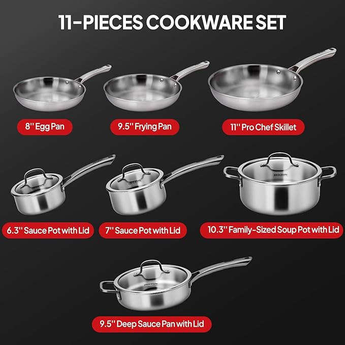 ROVSUN 11-Pcs Stainless Steel Cookware Set, Tri-Ply Pots and Pans Set with Lids, Full Clad Stainless Steel, Non-Toxic Kitchen Set, PFOA & PTFE Free, Compatible for All Cooktops