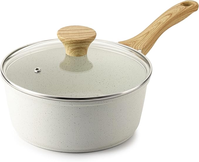 SENSARTE White Ceramic Nonstick Saucepan with Lid 2.5 Quarts, Medium Cooking Pot with Stay Cool Handle, Induction Compatible Saucepot, White Granite Coating, Free of Intentionally Added PTFE/PFOA/PFAS