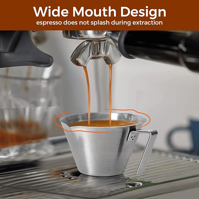 2 Pcs Espresso Cups with Handle, Stainless Steel, Double Spout Metal Measuring Cup with Dual Scale, Espresso Shot Cup with V-Shaped Mouth, 3.4oz/100ml(Silver)