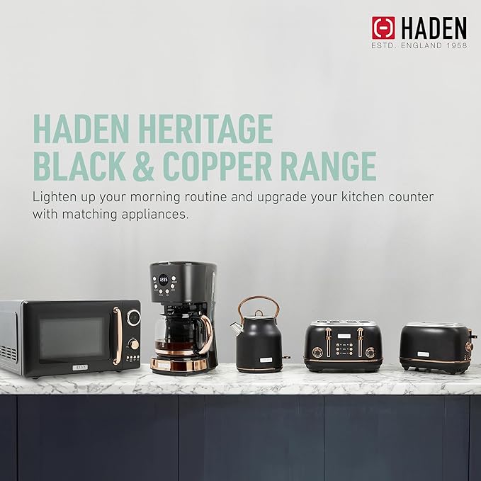 HADEN Heritage 4-Slice Toaster with Extra Wide Slots, 1500-Watt, Black & Copper - Retro Stainless Steel Design with Self-Centering Function, Adjustable Browning Control & Removable Crumb Tray