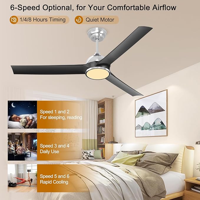 52 Inch Black Ceiling Fan with Lights Remote Control,Quiet DC Motor/Dimmable 3 Colors LED/6 Speed High CFM/3 Blade Indoor Ceiling Fan for Bedroom Living Dining Room or Outdoor Porch