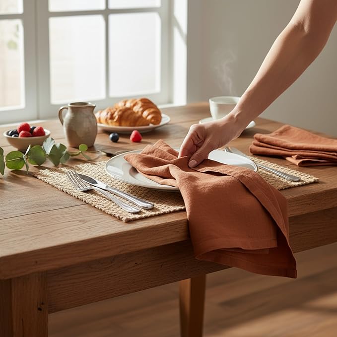 Hemstitched Linen Napkins – 20 Inch x 20 Inch – Stonewashed Pure Linen Cloth Dinner Napkins with Mitered Corners - 100% French Flax – Machine Washable - Set of 4 (Rustic Orange)