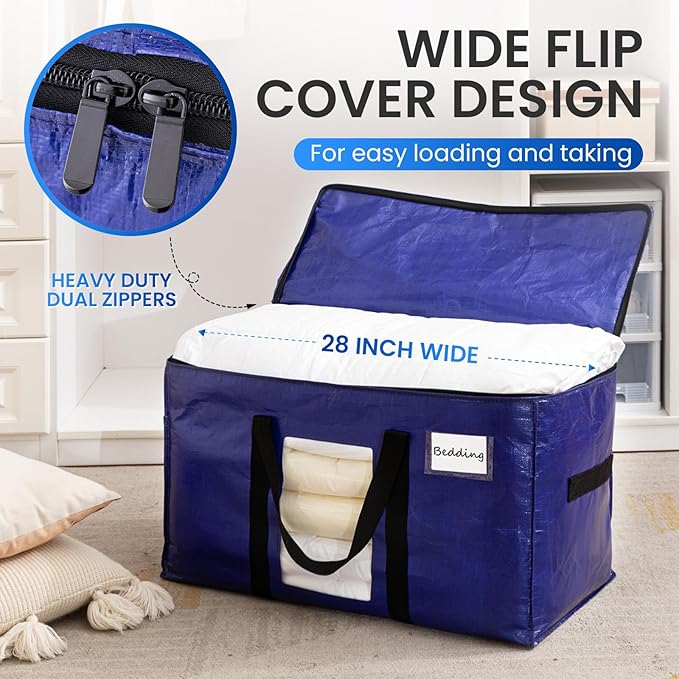 TAILI 12 Pack Dark Blue Extra Large Moving Bags, Heavy Duty Totes with Visible Window, Wrap Around Handles, Great for Space-Saving