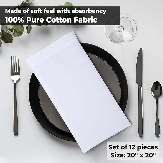 Urban Villa White Cloth Dinner Napkins Set of 12 20x20 inches 100% Cotton Highly Absorbent Washable Durable Reusable Ideal for Farmhouse Party Thanksgiving Fall Christmas Everyday Use Table Napkins