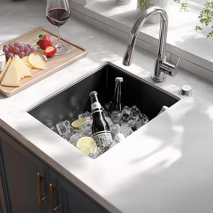 TORVA 15 x 17 Inch Gloss Black Ceramic Coating with NanoTek Undermount Kitchen Sink, PVD Coated Gunmetal Sink16 Gauge Stainless Steel Wet Bar or Prep Sinks Single Bowl, Fits 18" Cabinet,Dark Gray