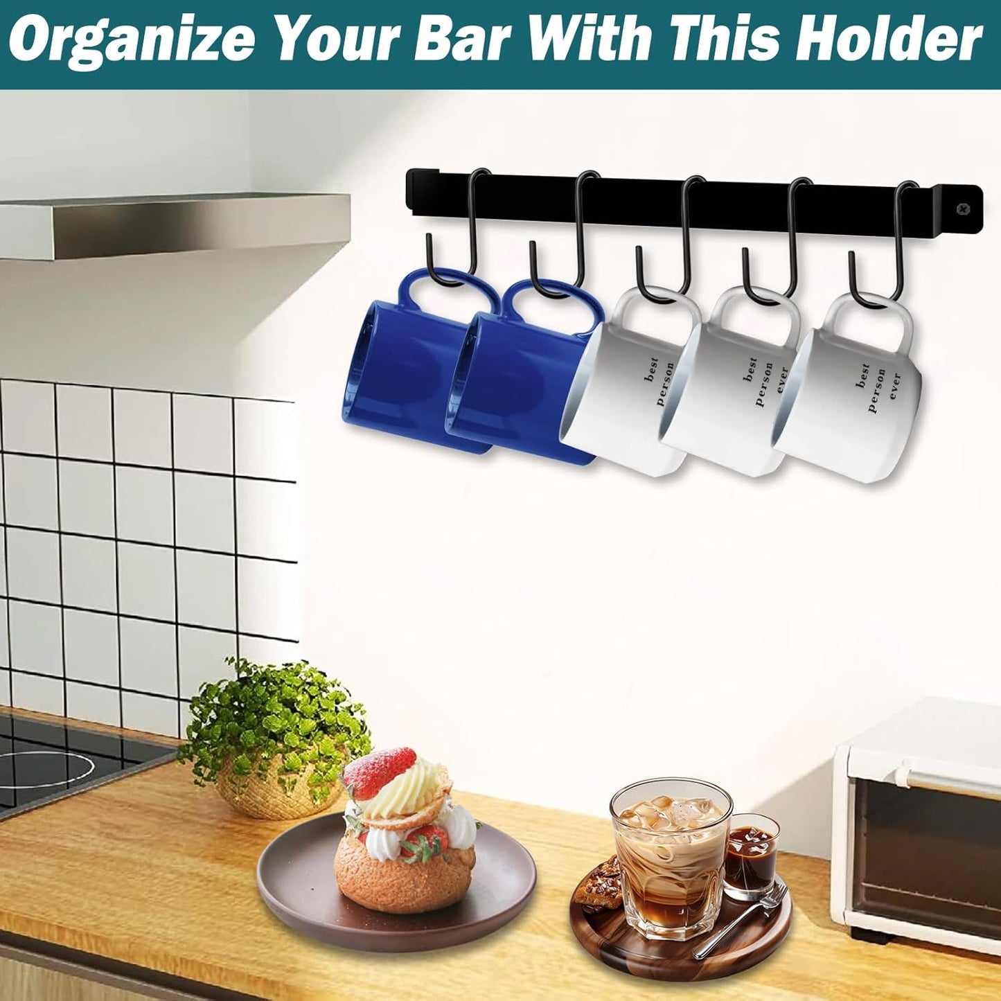 2 Pack Steel-made Kitchen Utensil Rack Organizer Wall-mounted Pot Pans Wall Hanger Holder for Coffee Mug Rack Cup Hanging Kitchen Black with 10 S Hooks