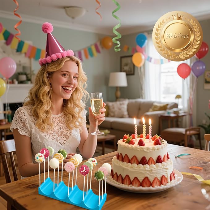 Silicone Cake Pop Mold Set, Round Cake Pop Cutter with Pusher, Tray and 50 Sticks, 15-Hole Cake Pop Holder, DIY Baking Molds Kit for Parties, Wedding, Home Desserts Making - Blue