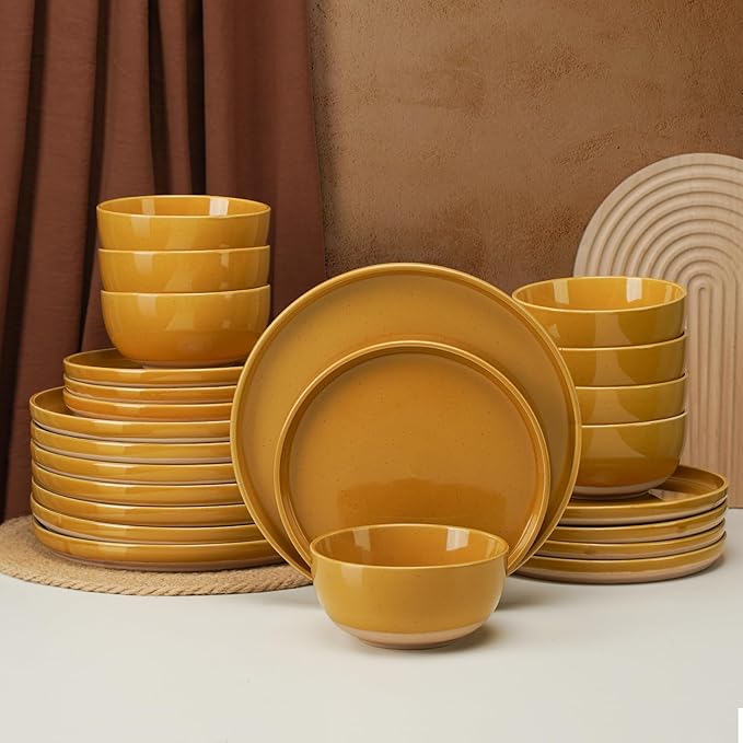 24 Pieces Farmhouse Stoneware Dinnerware Set for 8, Speckled Ceramic Plates and Bowls Set, Matte Terracotta Underside Ceramic Dish Set Scratch Resistant Microwave Dishwasher Safe (Ginger Gold)