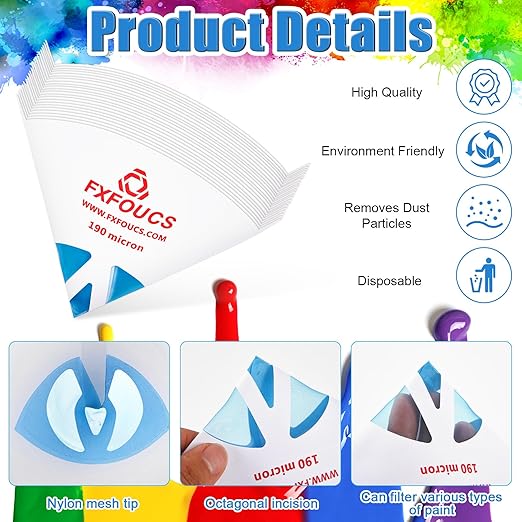 50 Pack of Premium Paint Strainers with 190 Micron Fine Mesh Filters - 3D Printing Ultra-Flow Blue Nylon Cone Strainers for Paint and Fluid Filtration