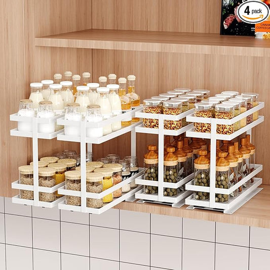 4 Pack Pull Out Spice Rack Organizer for Cabinet, 2 Tier Metal Slide Out Seasoning Organizer and Storage Heavy Duty Vertical Spice Rack Shelf Pullout for Kitchen Cabinets No Drilling (White)