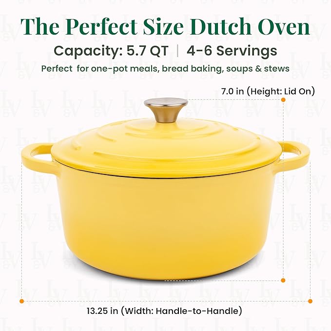 Larder & Vine Enameled Cast Iron 5.7qt Dutch Oven Pot with Lid | Bread Baking | Compatible on All Cooktops & Oven Safe to 500° F | Great for Sourdough Bread | Limoncello