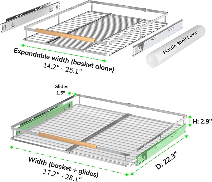 Expandable Pull Out Drawer Cabinet Organizers, Heavy Duty Slide Out Storage Shelf for Home Kitchen Pantry Cupboard Pots Pans, Adjustable Width from 17.2"~28.1", Stainless Steel 2 Pack