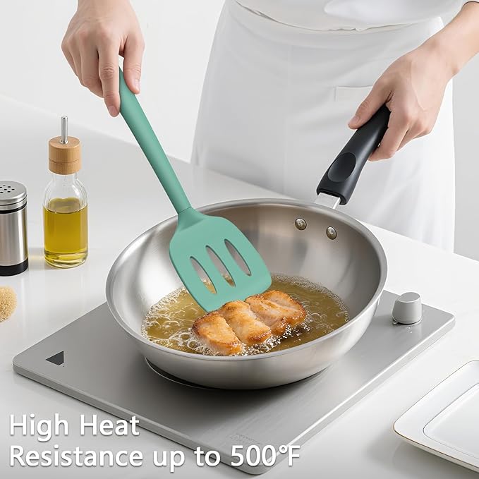 Coukre 3 Pack Silicone Spatula Set, High Heat Resistant, BPA-Free, Fish Spatula, Solid & Slotted Turner for Non-Stick Pans, Flipping Eggs, Pancakes, Fish, Burgers (3, PureAquaGreen)