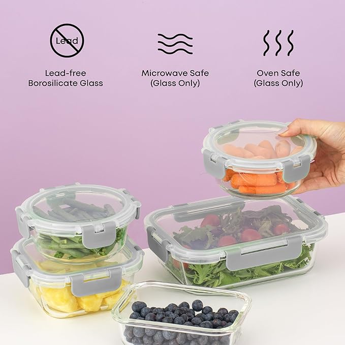 JoyJolt 24pc Borosilicate Glass Storage Containers with Lids | 12 Airtight/Freezer Safe Food Storage Containers for Pantry and Kitchen | Meal Prep Container for Lunch | Glass Tupperware Set
