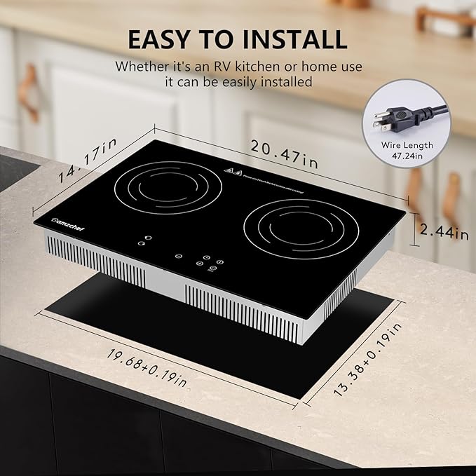 AMZCHEF Induction Cooktop 2 Burners 1800W, Built-in & Countertop Electric Cooktop with 9 Power Levels, 110V-120V Double Induction Stove with Plug, 99-min Timer, Safety Lock, Ceramic Glass