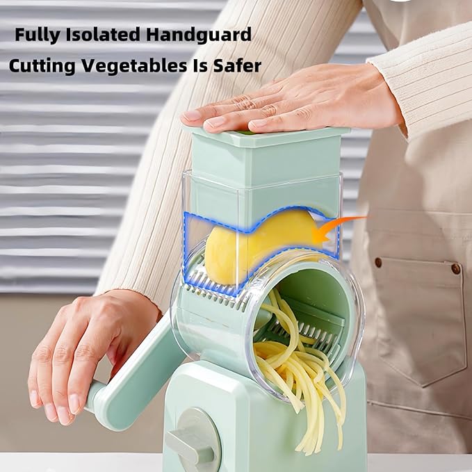 Rotary Cheese Grater with Handle,Replaceable Stainless Blades Cheese Shredder,Multi-Functional Cheese Vegetable Slicer with Storage Box,Easy to Clean Kitchen Gadgets with Storage Box (Green, 3 Blades)