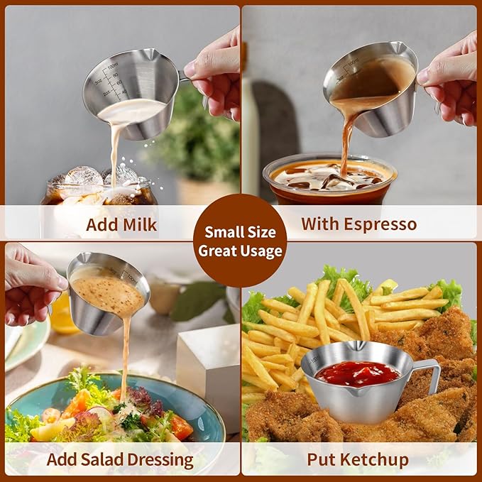 1Pc Stainless Steel Espresso Cups, Double Spout Metal Measuring Cup with Dual Scale, Espresso Shots Cup with Handle, 3.4oz/100ml