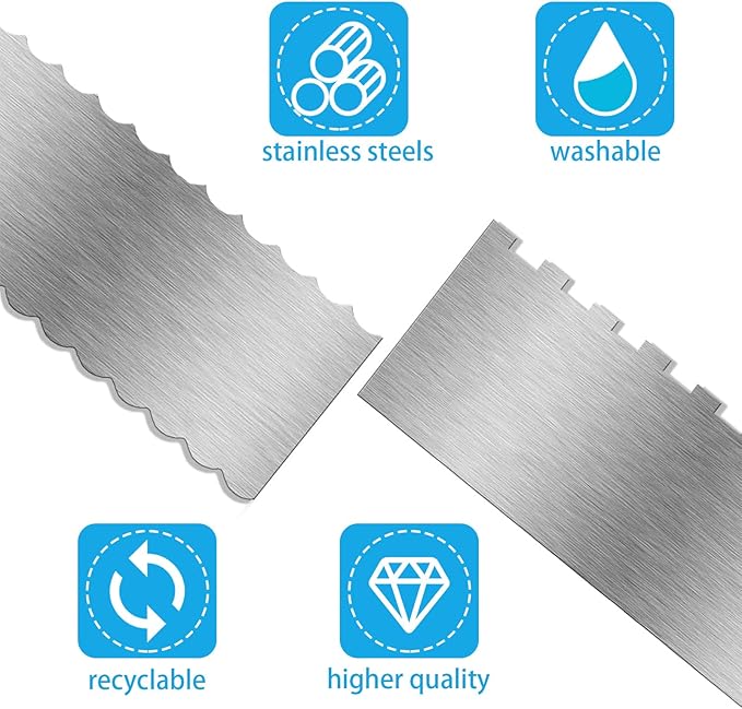 2 Pieces 8.7 Inche Stainless Steel Cake Scraper Double Sided Patterned Edge Stripe Edge Smoother Frosting Scraper Cake Decorating Cake Decorating Comb Cake Scraper For Butter Cream Mousse(2, 2)