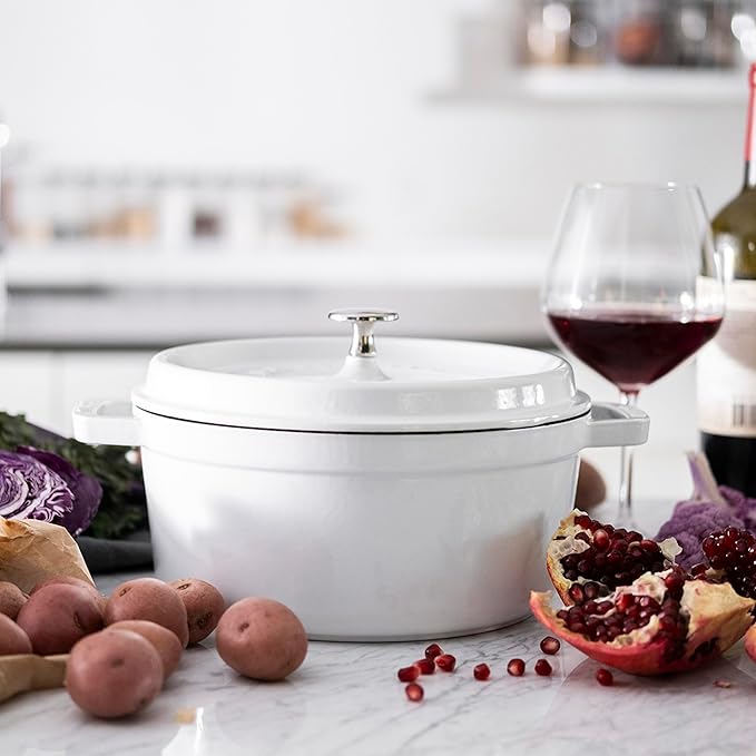 STAUB Cast Iron Dutch Oven 4-qt Round Cocotte, Made in France, Serves 3-4, White