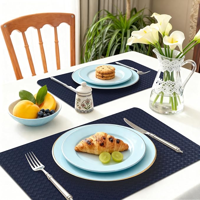 Vinyl Placemats Set of 6-12×17.7 Inch Waterproof & Heattable Placemats, Fall Faux Leather Wipeable Outdoor Table Mat for Dining, Kitchen, Indoor Outdoor Use (Dark Blue, Woven Pattern)