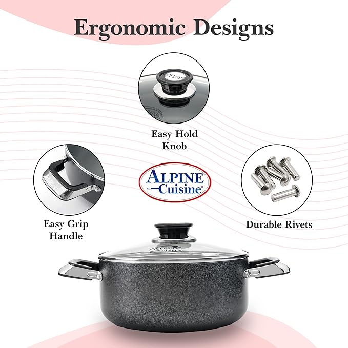 Alpine Cuisine 3 Quart Non-stick Stock Pot with Tempered Glass Lid and Carrying Handles, Multi-Purpose Cookware Aluminum Dutch Oven for Braising, Boiling, Stewing