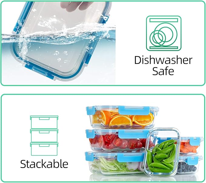 UMEIED 10 Pack Glass Food Storage Containers with Lids Leakproof, Airtight Glass Meal Prep Containers For Lunch, On The Go, Leftover, Dishwasher Safe