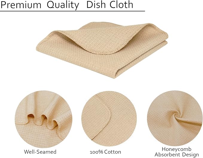 PurpleEssences Dish Cloths and Dish Rags - 6 Pack Waffle Weave Solid Kitchen Dish Wash Cloths, 100% Cotton, 12 x 12 Inches, Ultra Soft Absorbent Quick Drying - Christmas Holiday Winter - Beige
