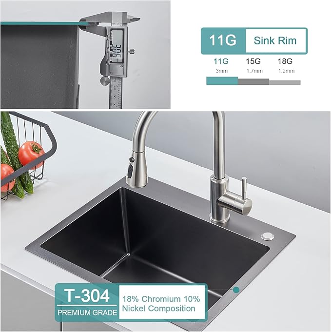 22x18 inch Drop in Kitchen Sink Black - Top mount Bar Sink Single Bowl, 9 inch Deep Stainless Steel Rv Sinks Handmade with Strainer