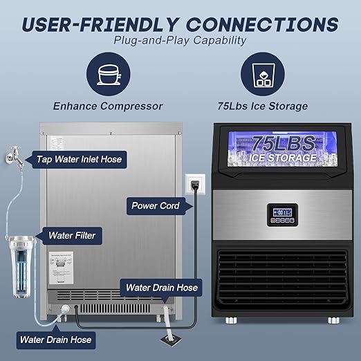 300LBS/24H Commercial Ice Maker Machine with 75LBS Storage Bin, Stainless Steel Undercounter/Freestanding Ice Maker Machine for Home Bar Outdoor, 108PCS Ice Cubes Ice Machine