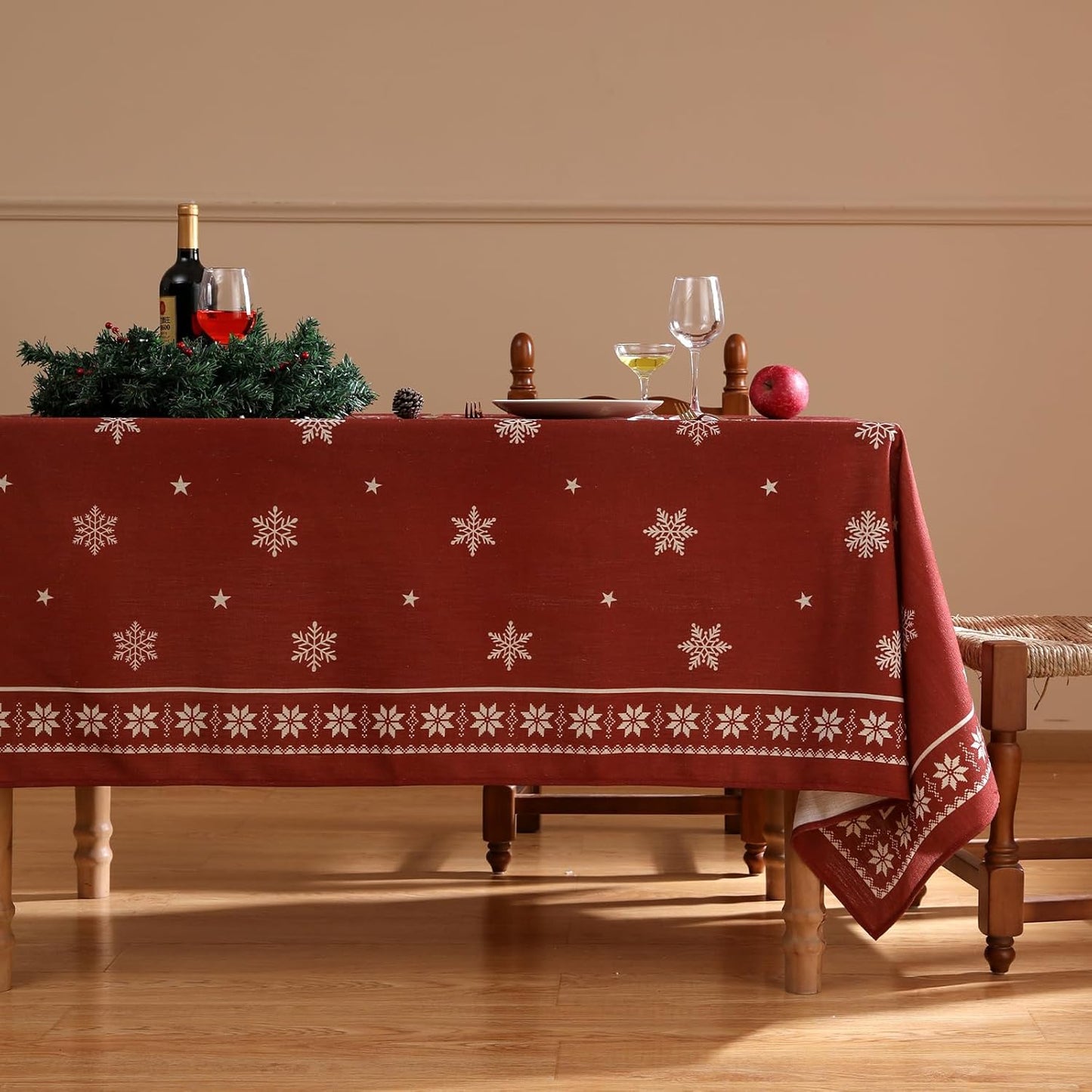 Christmas Tablecloth for Rectangular Tables,Linen Table Cloth with Red Background and White Snowflakes Pattern,Heavy Durable Table Cover for Dining Kitchen Party Christmas,63"*102"