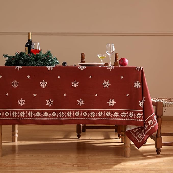 Christmas Tablecloth for Rectangular Tables,Linen Table Cloth with Red Background and White Snowflakes Pattern,Heavy Durable Table Cover for Dining Kitchen Party Christmas,63"*94"