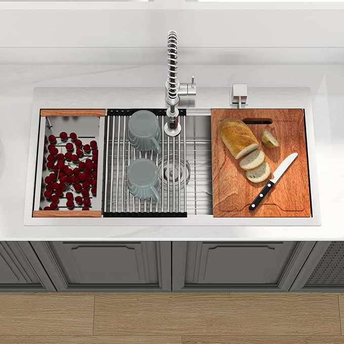 Lordear 36 Drop In Kitchen Sinks Worktation 16 Gauge Stainless Steel Single Bowl Ledge Worktation 36x19 Inch Topmount Overcounter Handmade Kitchen Sink Basin With Cutting Board