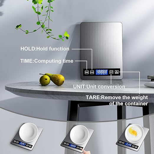 Food Scale Rechargeable, 22lb Digital Kitchen Scale Weight Grams and oz with Timer & Hold Function for Cooking Baking, 1g/0.1oz Precise Graduation, Stainless Steel and Tempered Glass