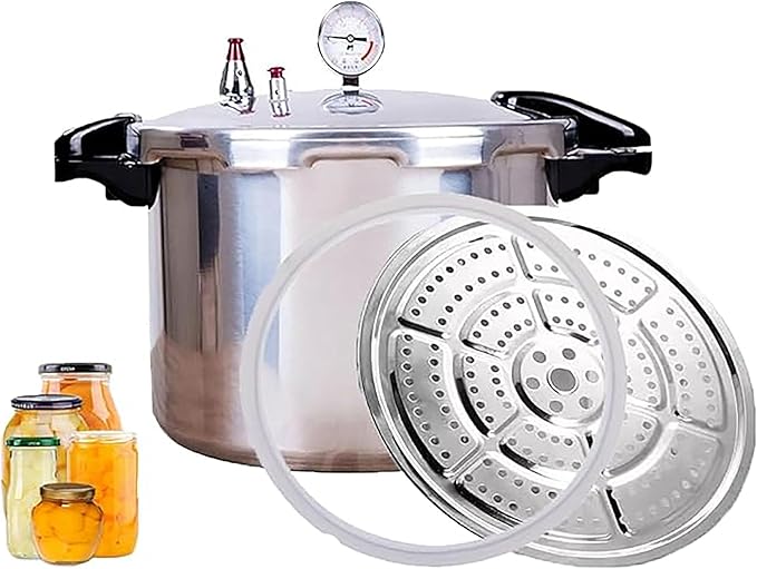 High capacity pressure cookers with cooking rack 22quart canning pressure cooker with gauge Explosion proof safety valve Extra-large size great for big canning jobs,Compatible:natural gas-open flame