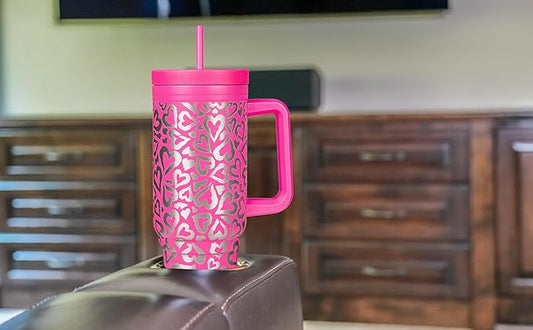 Pink Leopard 40oz Insulated Tumbler with Handle, Lid & Straw - Heart & Leopard Pattern Engraved, Unique Gift for Her| Disabled USMC Vet Owned SMALL Business