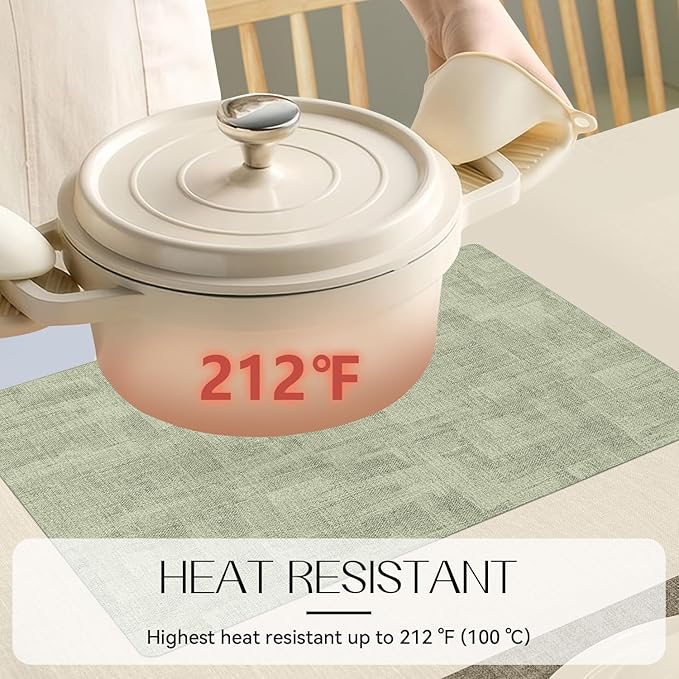 Romanstile Reversible Vinyl Placemats Set of 6, Faux Leather 100% Waterproof Oil-Proof Wipeable Place Mats, Heat Resistant Dual Sided Table Mats for Kitchen/Dining/Party (Grey Green, 12 x 17 Inch)