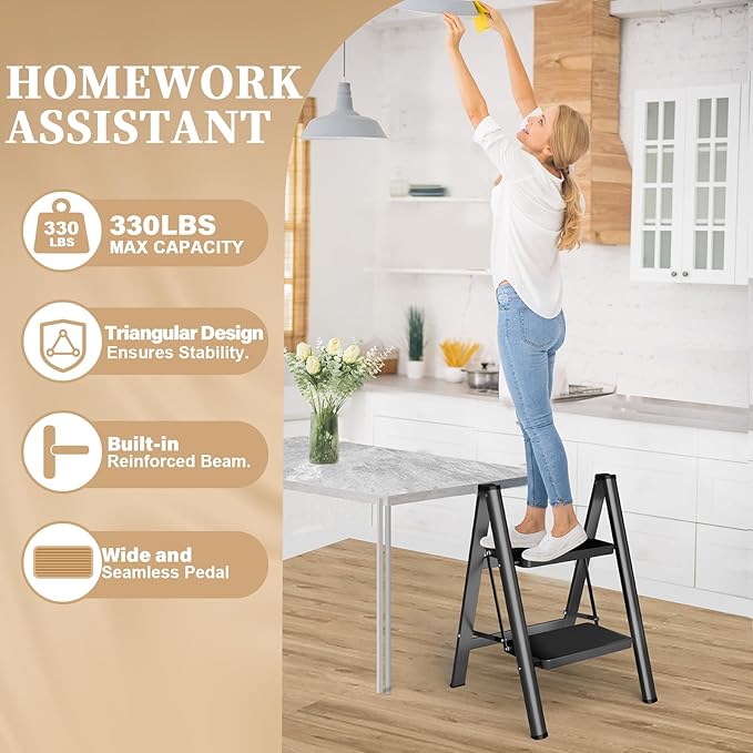 HBTower Step Ladder, Step Ladder Folding Step Stool, Portable Sturdy Steel Ladder Stool for Adults with Anti-Slip Wide Pedals Home Outdoor Kitchen, Black