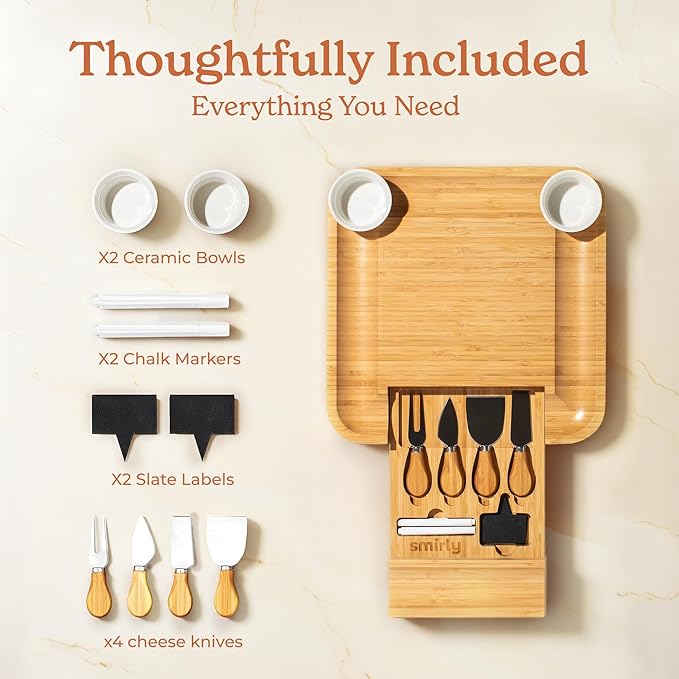 Smirly Charcuterie Board Set - Large Bamboo Cheese Board for Serving - House Warming Gifts New Home, Wedding & Bridal Shower Gift, Birthday Gift for Women