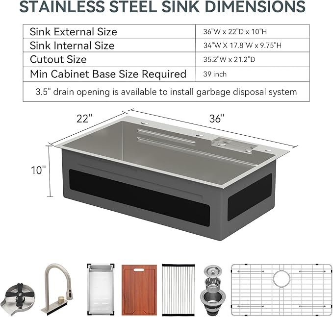 36 Drop In Kitchen Sink with Faucet - Lordear Waterfall Kitchen Sink Smart 36x22 Topmount Sink Stainless Steel 16 Gauge Single Bowl Workstation Sinks With Faucet Combo