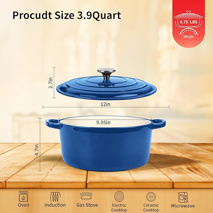 Enameled Cast Iron Dutch Oven Pot with Lid, 3.9 Quart Dutch Oven for Bread Baking, Oven Safe up to 500° F, Suitable for Bread Baking, Braising, Roasting, Stews, Blue