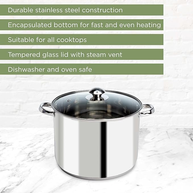 Ecolution Stainless Steel Stock Pot, Encapsulated Induction Ready Cooking Pot with Glass Lid, Oven Safe, Dishwasher Safe Soup Pot, 8-Quart